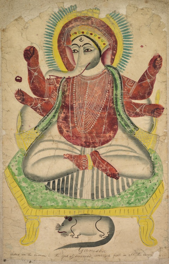 A Kalighat painting of Gaṇeśa seated, with his mouse below him