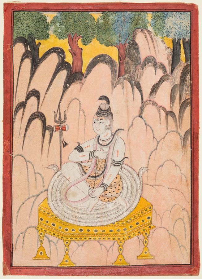A Pahari painting of Shiva seated on a throne in a mountain landscape, his trident beside him
