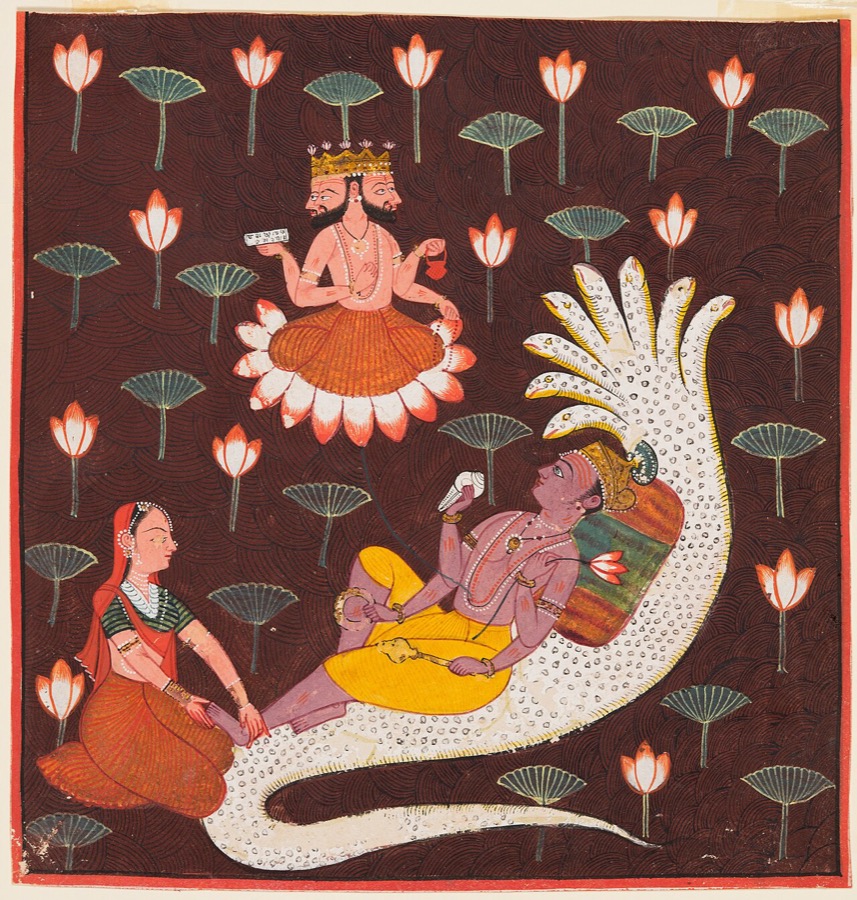 A Pahari painting of Viṣṇu reclining on the serpent Ananta, with Lakshmi at his feet and Brahma on a lotus above